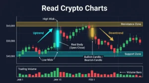educational graphic showing candlesticks trend arrows support resistance and volume on a crypto chart