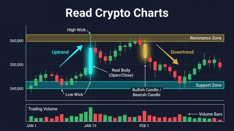 educational graphic showing candlesticks trend arrows support resistance and volume on a crypto chart