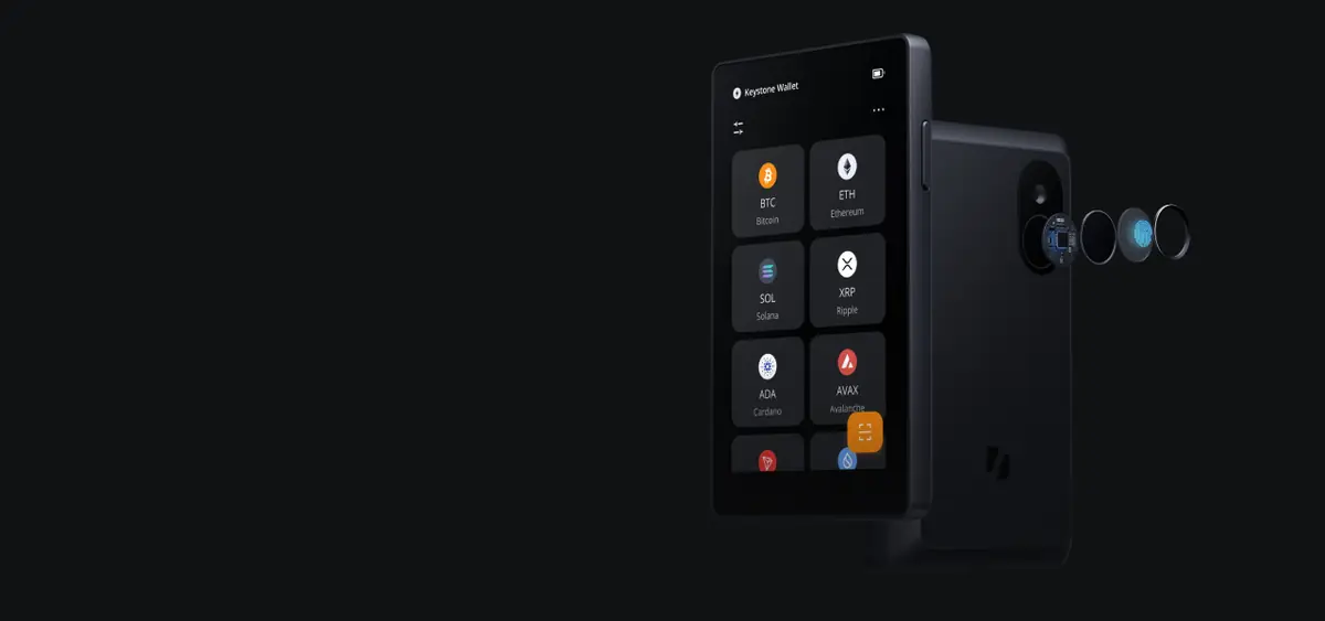 Keystone 3 Pro hardware wallet official product image showing both front touchscreen with crypto asset grid and back with camera and fingerprint scanner