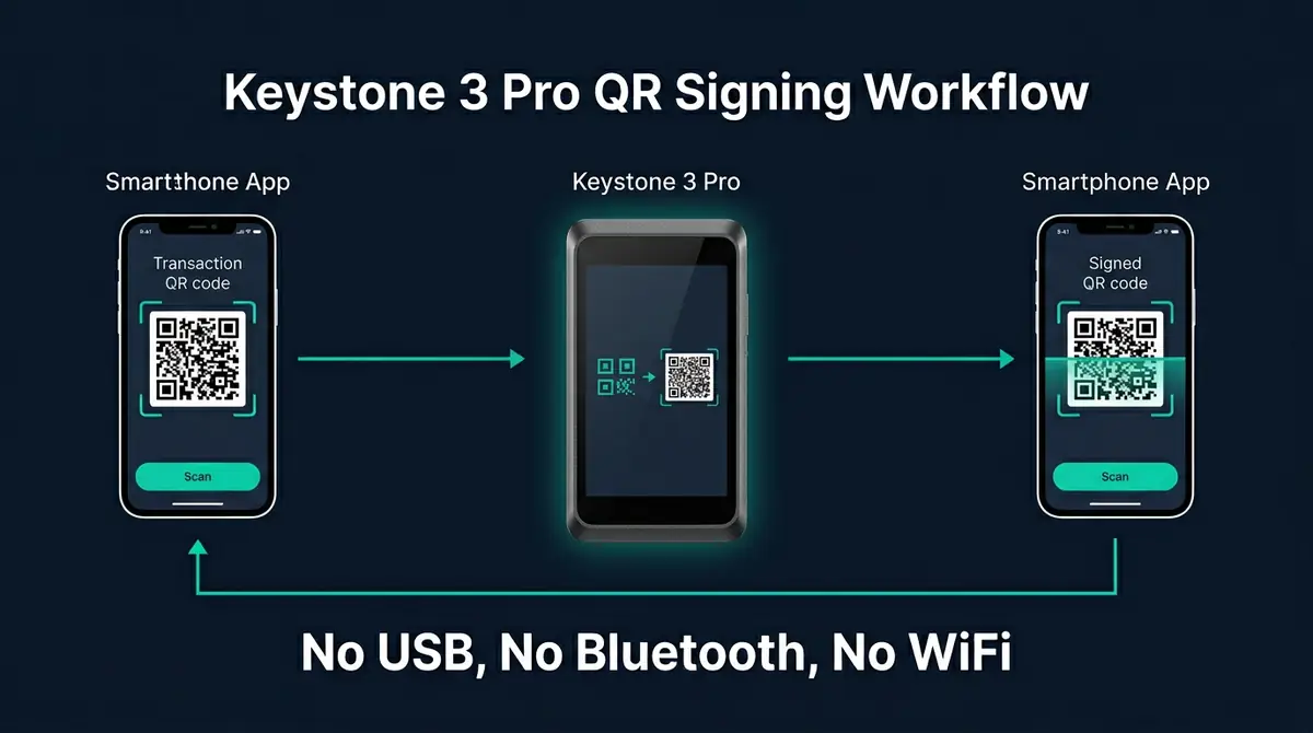 diagram of the Keystone 3 Pro QR signing workflow between wallet and smartphone