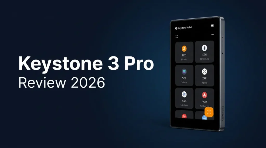 Keystone 3 Pro Review 2026 featured image showing the hardware wallet with touchscreen on dark background
