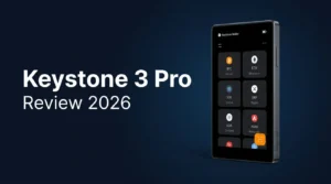 Keystone 3 Pro Review 2026 featured image showing the hardware wallet with touchscreen on dark background