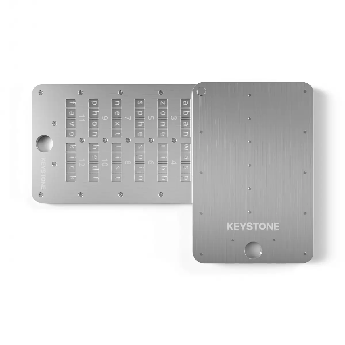 Keystone Tablet Plus seed phrase backup Keystone Tablet Plus seed phrase backup device showing stainless steel plates with letter tiles and cover