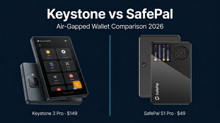 Keystone vs SafePal comparison showing Keystone 3 Pro and SafePal S1 Pro air-gapped hardware wallets side by side