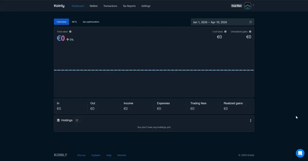 Koinly crypto tax dashboard showing portfolio overview and tax summary