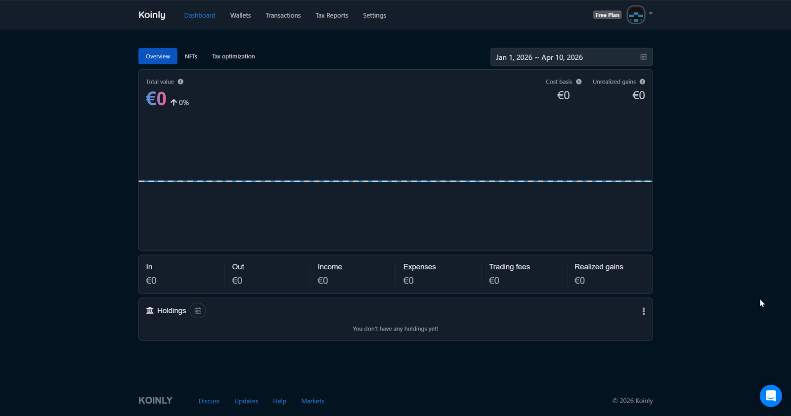 Koinly portfolio dashboard Koinly dashboard showing portfolio overview with cost basis, unrealized gains, and holdings summary