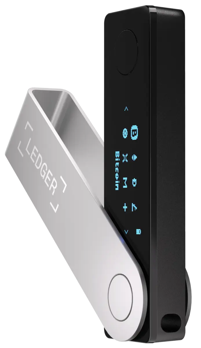Ledger Nano X hardware wallet product photo showing the device with OLED screen