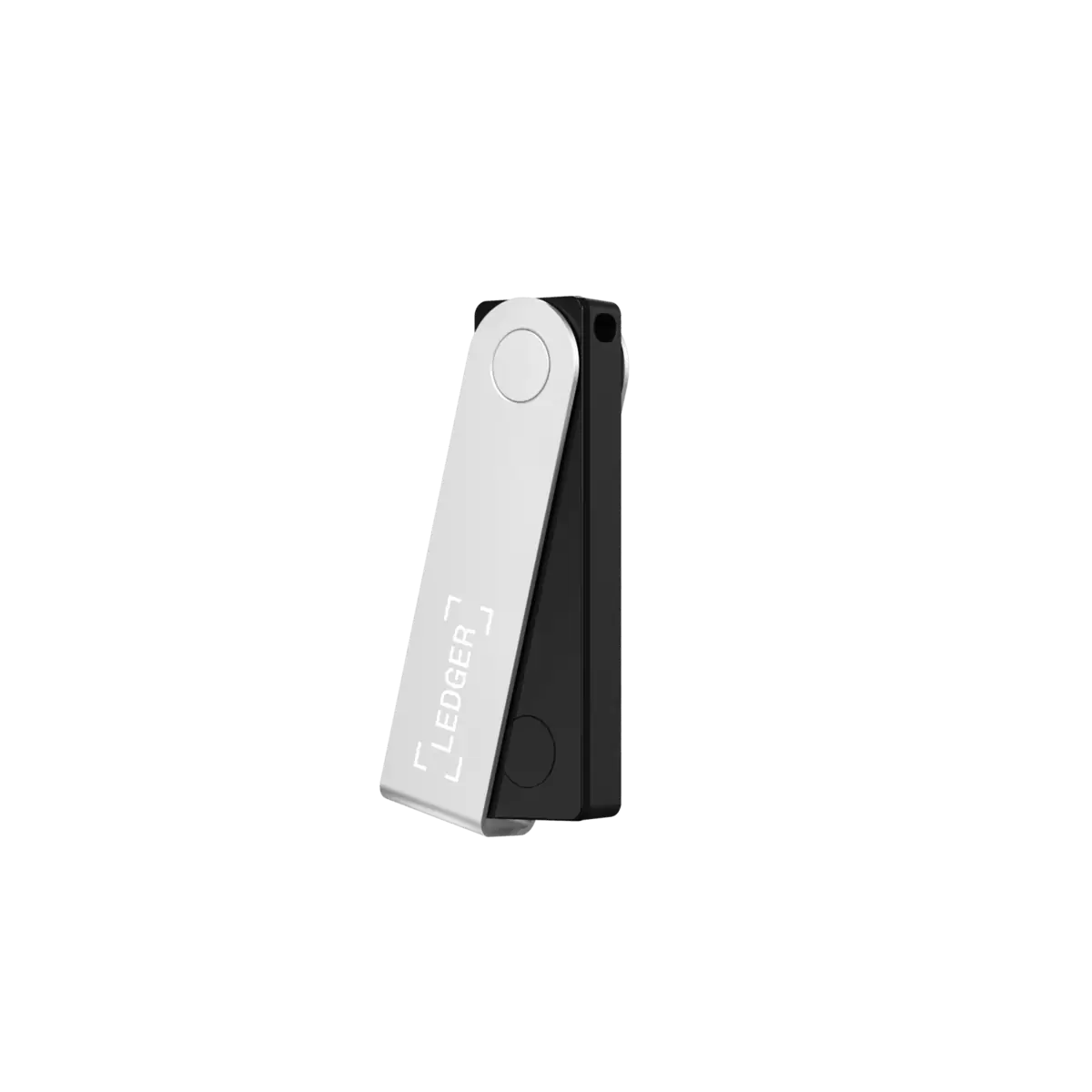 Ledger Nano X hardware wallet official product render showing the device standing upright with silver cover and Ledger branding