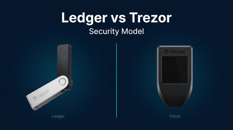 Ledger vs Trezor security model comparison with Ledger Nano X and Trezor Safe 5 hardware wallets side by side