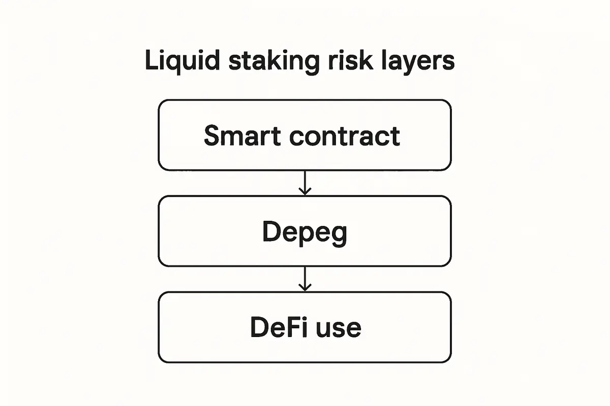 Liquid staking risk layers diagram diagram showing the risk layers of liquid staking from smart contract to depeg to DeFi use