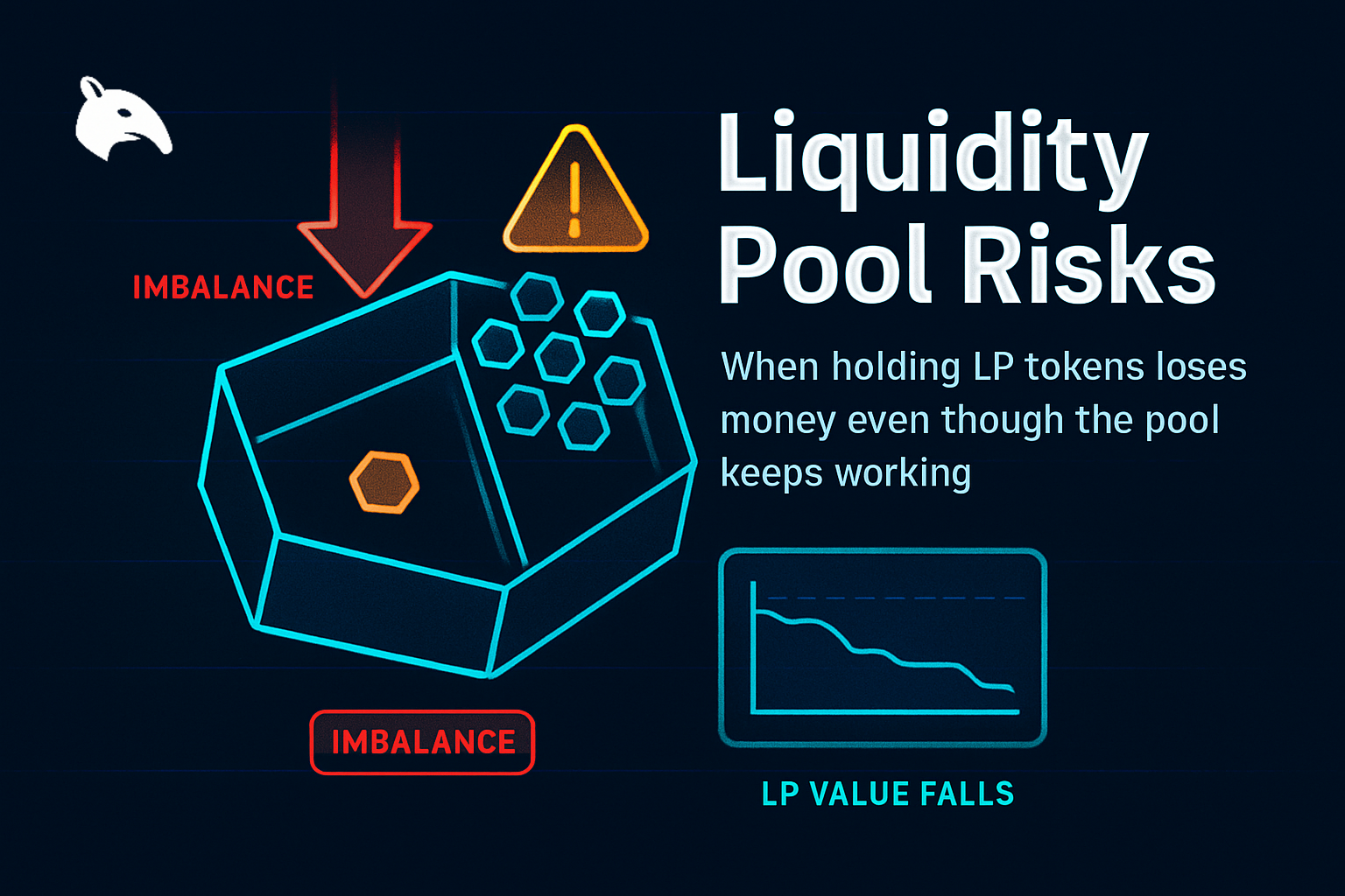 Editorial Snout0x hero showing a tilted hexagonal liquidity pool with one drained reserve and one overflowing reserve, a yellow warning triangle above, and a small falling LP value chart below.
