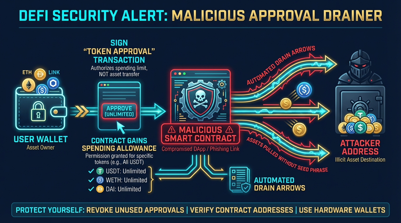 Malicious approval drainer mechanism diagram showing the malicious approval drainer mechanism where the user signs a token approval to a malicious contract that later drains specific assets without ever requiring the seed phrase
