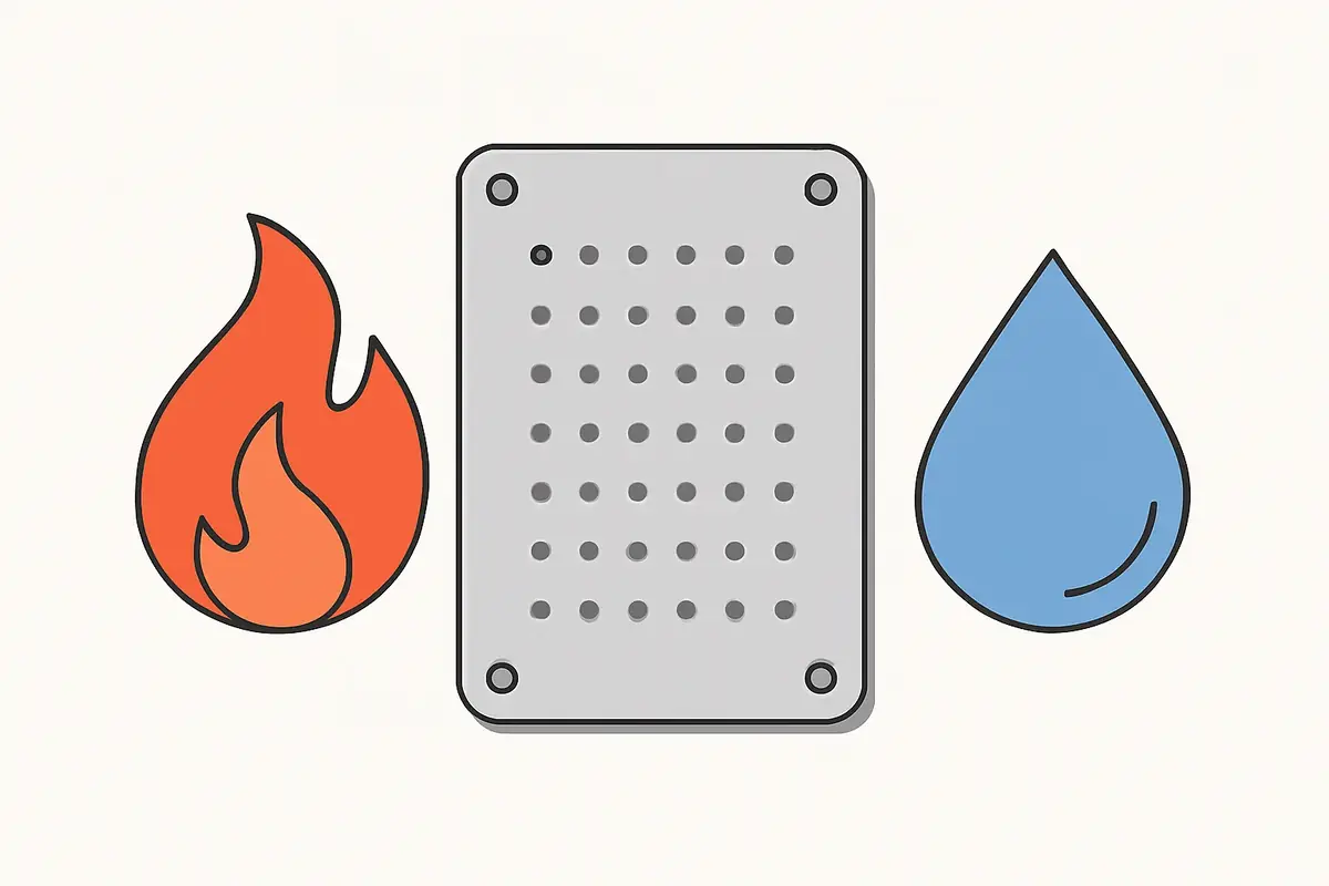Metal seed storage fire and waterproof properties metal seed backup plate surrounded by fire and water symbols indicating resistance