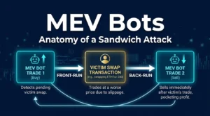 editorial diagram showing bot transactions surrounding a victim trade in a sandwich attack flow
