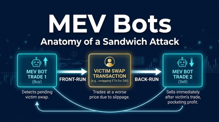 MEV Bots Explained: How Sandwich Attacks Work 2 editorial diagram showing bot transactions surrounding a victim trade in a sandwich attack flow
