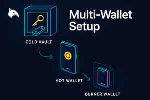 Editorial Snout0x hero showing a vertical three-tier wallet stack with a cold hardware vault at the top, a hot smartphone wallet in the middle, and a burner phone wallet at the bottom, connected by two downward funds-flow arrows.
