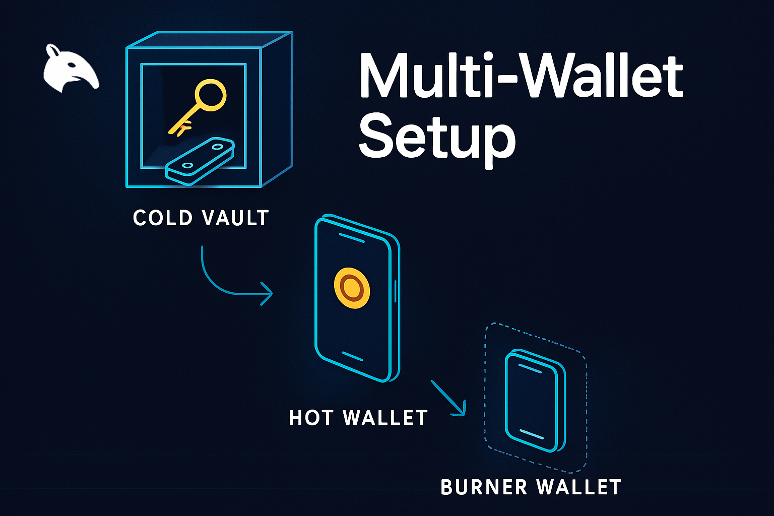 Editorial Snout0x hero showing a vertical three-tier wallet stack with a cold hardware vault at the top, a hot smartphone wallet in the middle, and a burner phone wallet at the bottom, connected by two downward funds-flow arrows.
