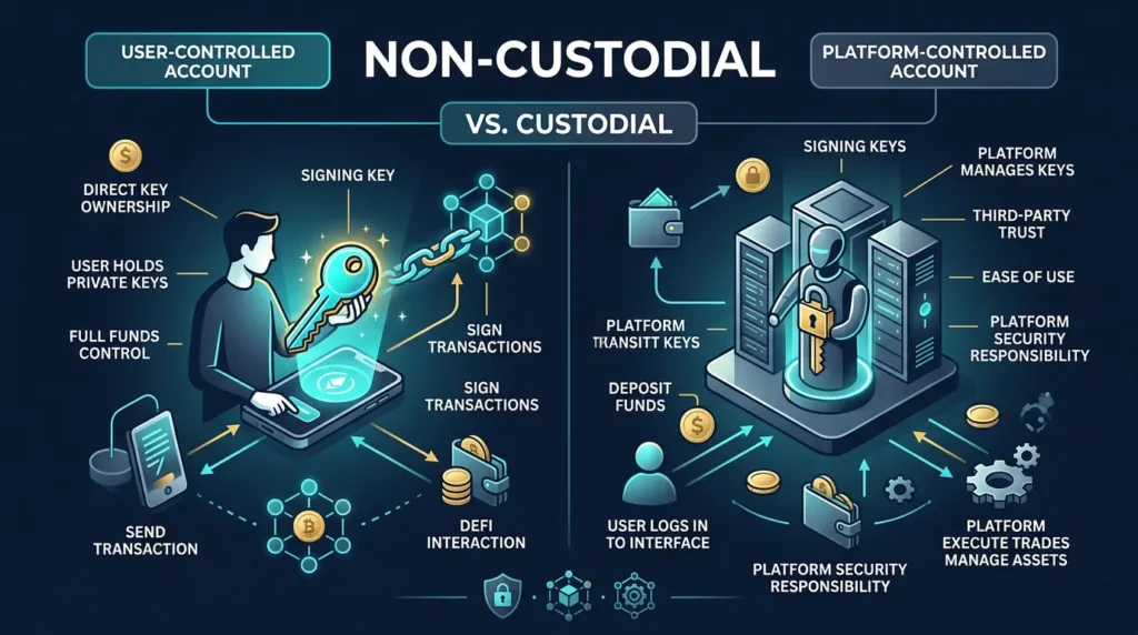 editorial diagram showing a non-custodial wallet with user controlled keys and direct signing authority