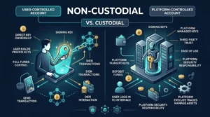 editorial diagram showing a non-custodial wallet with user controlled keys and direct signing authority