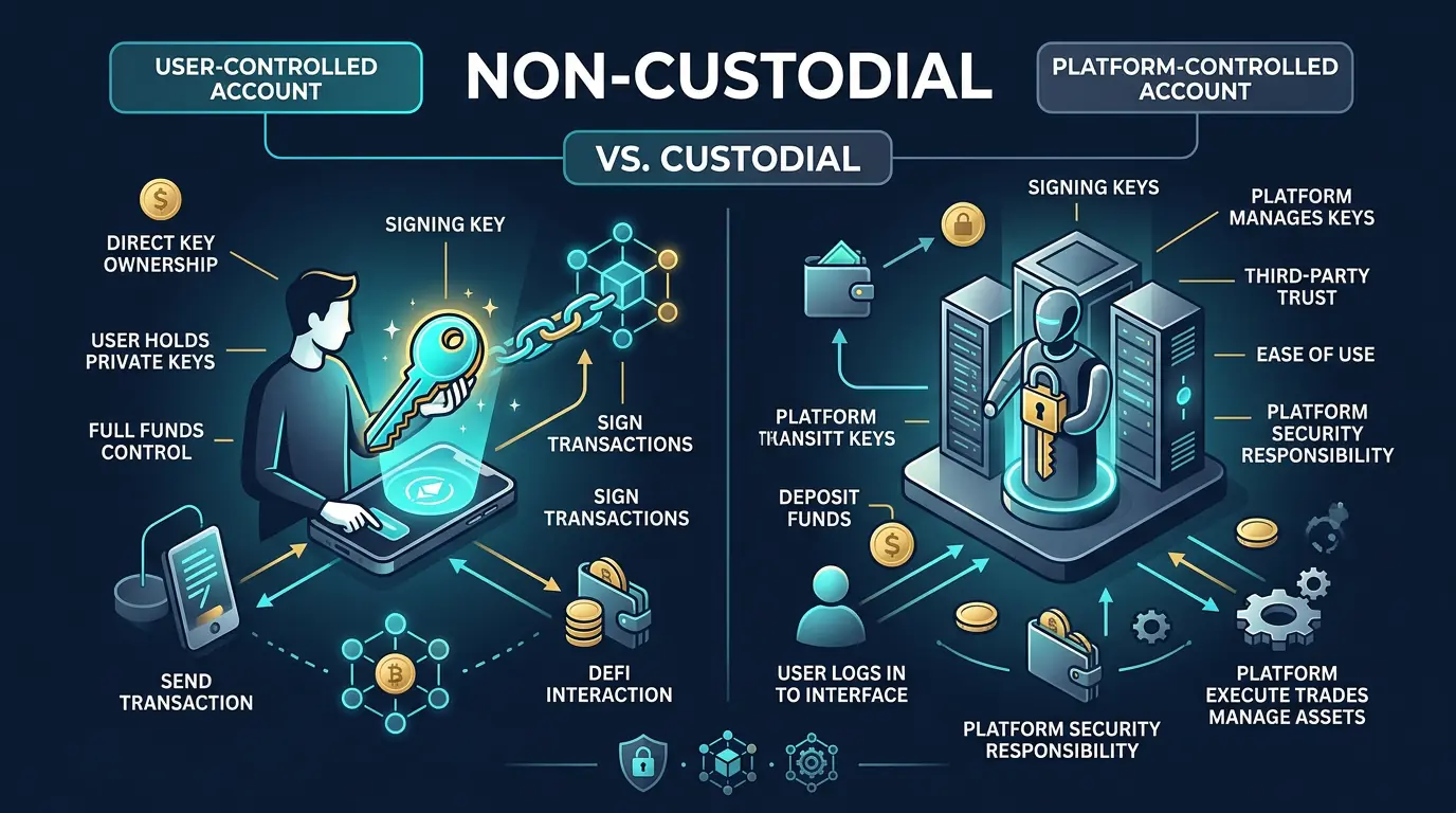 editorial diagram showing a non-custodial wallet with user controlled keys and direct signing authority