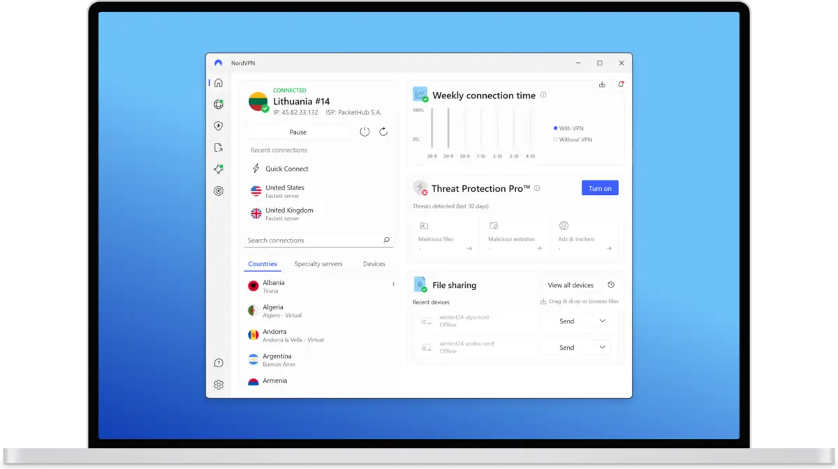 NordVPN desktop app showing connected status with encrypted VPN tunnel active