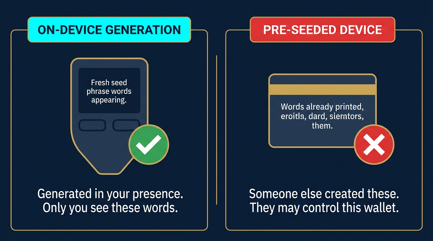 diagram comparing on-device seed phrase generation versus a pre-seeded device showing the difference between a legitimate wallet and a compromised one