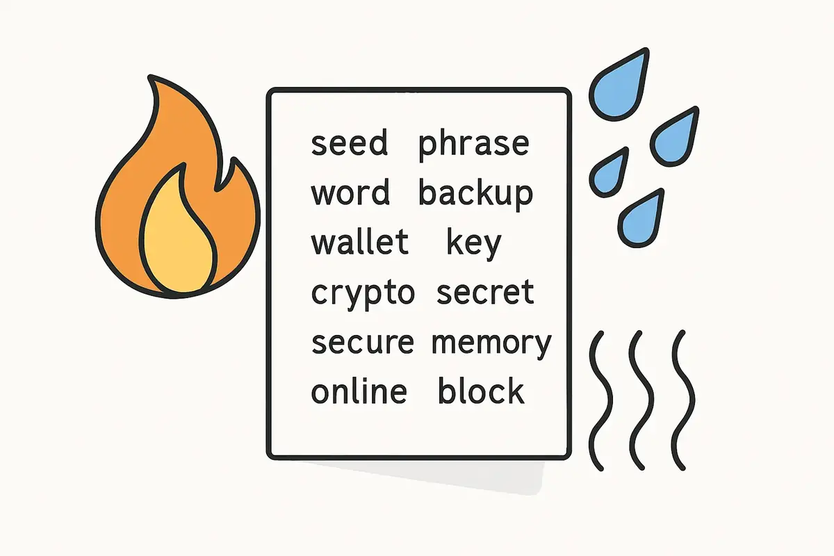 Paper seed backup physical vulnerabilities diagram showing paper seed backup vulnerabilities to fire water and humidity