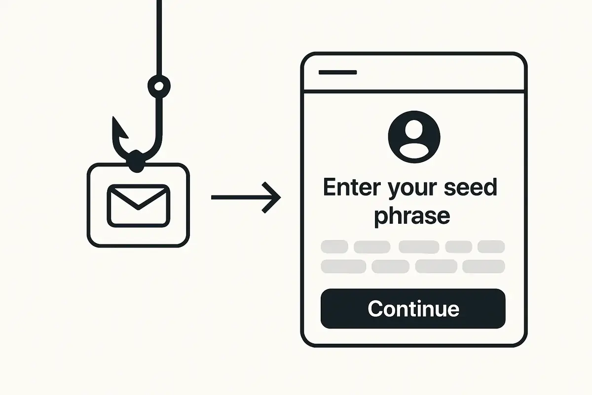 diagram showing a phishing attack capturing seed phrase via a fake wallet interface