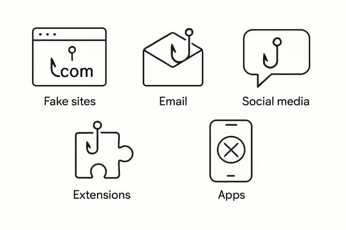 diagram of five wallet phishing attack vectors including fake sites, email, social media, extensions and apps