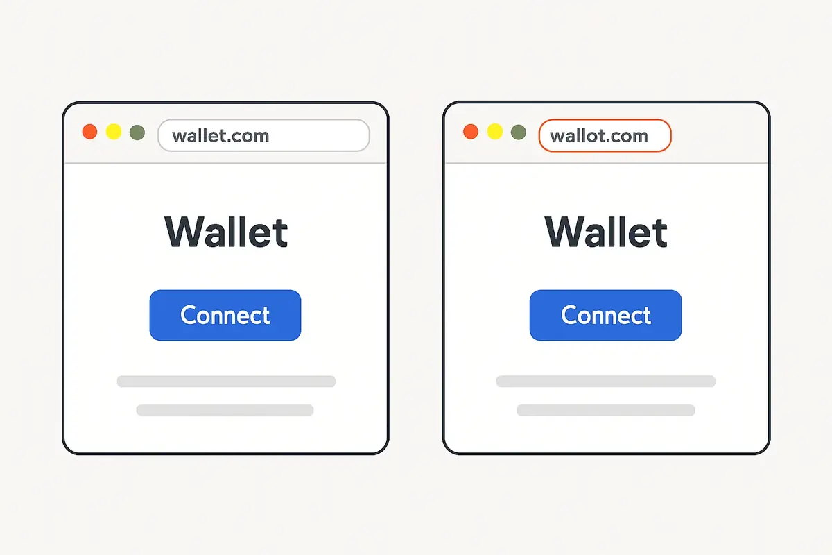 side by side comparison of a real wallet website and a phishing copy with fake URL highlighted