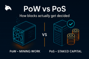 Editorial Snout0x hero comparing an isometric ASIC mining rig on the left with a validator node tower and gold staked-coin stack on the right, separated by a gold vs divider.