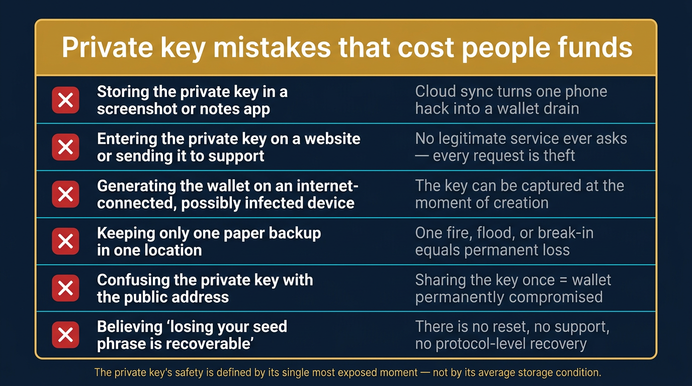Vertical warning checklist card listing six private key mistakes and wrong assumptions that lead to lost funds: storing the private key in a screenshot or notes app, entering the private key on a website or sending it to support, generating the wallet on an internet-connected possibly infected device, keeping only one paper backup in one location, confusing the private key with the public address, and believing that losing the seed phrase is recoverable, each shown with a red X icon and a short consequence explaining how the mistake leads to loss