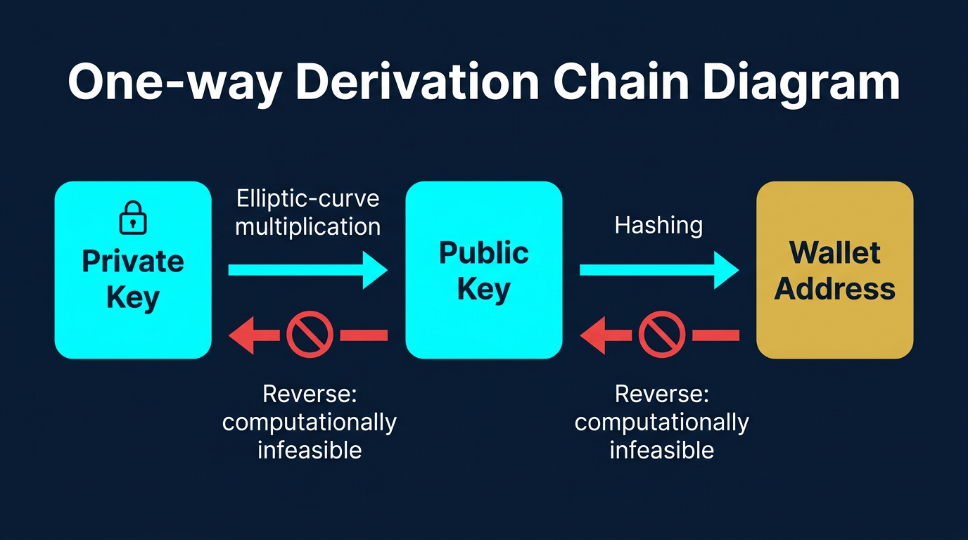 diagram showing the one-way derivation chain from private key through elliptic curve multiplication to public key and through hashing to wallet address with red blocked arrows showing the reverse direction is computationally infeasible