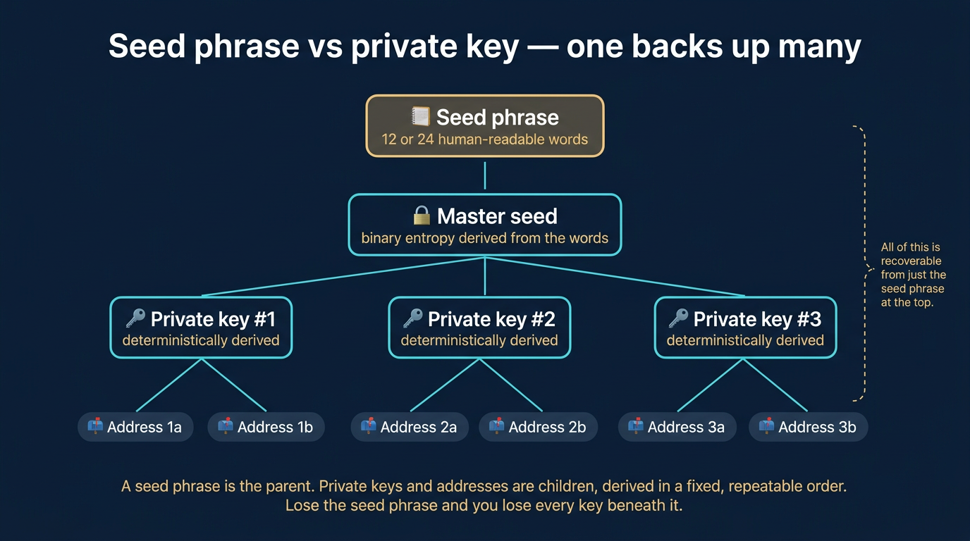 Vertical top-down hierarchy tree diagram showing the relationship between a seed phrase and the many private keys and addresses it controls, with a seed phrase at the top of twelve or twenty-four human-readable words, dropping to a master seed of binary entropy derived from the words, fanning out to three private keys each marked as deterministically derived, and each private key fanning out to two child wallet addresses for a total of six addresses at the leaves, with a side bracket noting that the entire tree is recoverable from just the seed phrase at the top