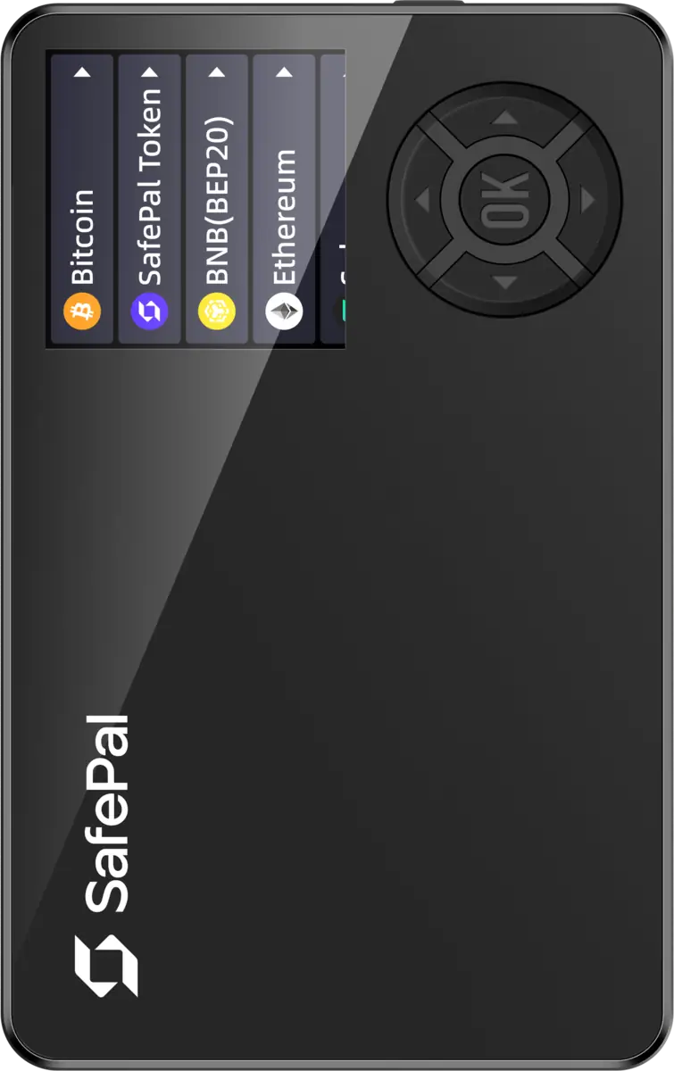 SafePal S1 hardware wallet official product image showing the device front view with screen displaying crypto assets and d-pad navigation