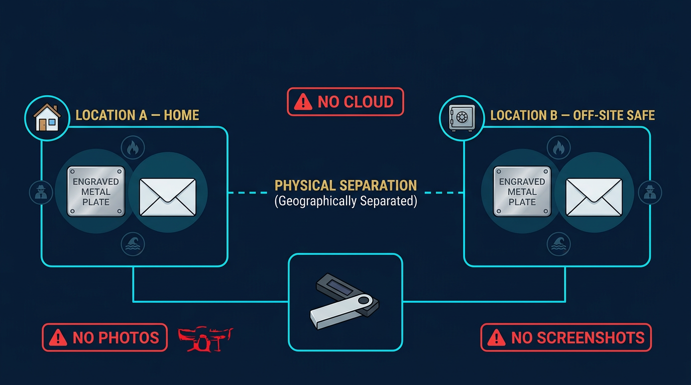diagram showing seed phrase backups stored on durable media separated geographically from the signing device with explicit no-cloud and no-photo rules