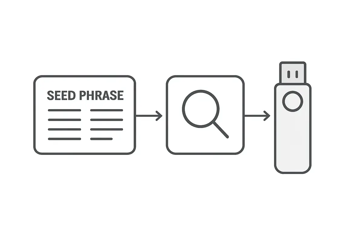diagram showing seed phrase backup verification process before sending funds to hardware wallet