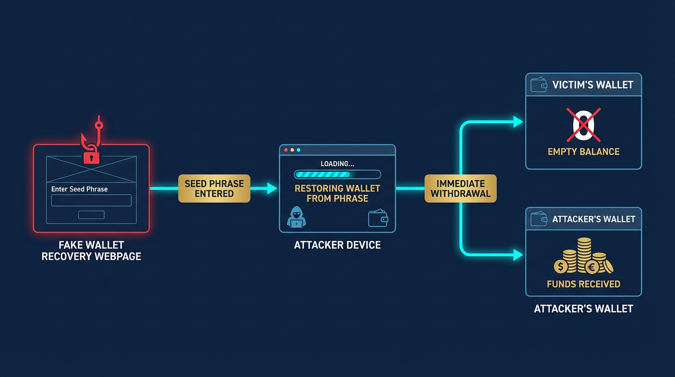 Seed phrase credential capture flow diagram showing the seed phrase credential capture flow from a fake wallet recovery page to attacker-controlled wallet restore and immediate fund withdrawal