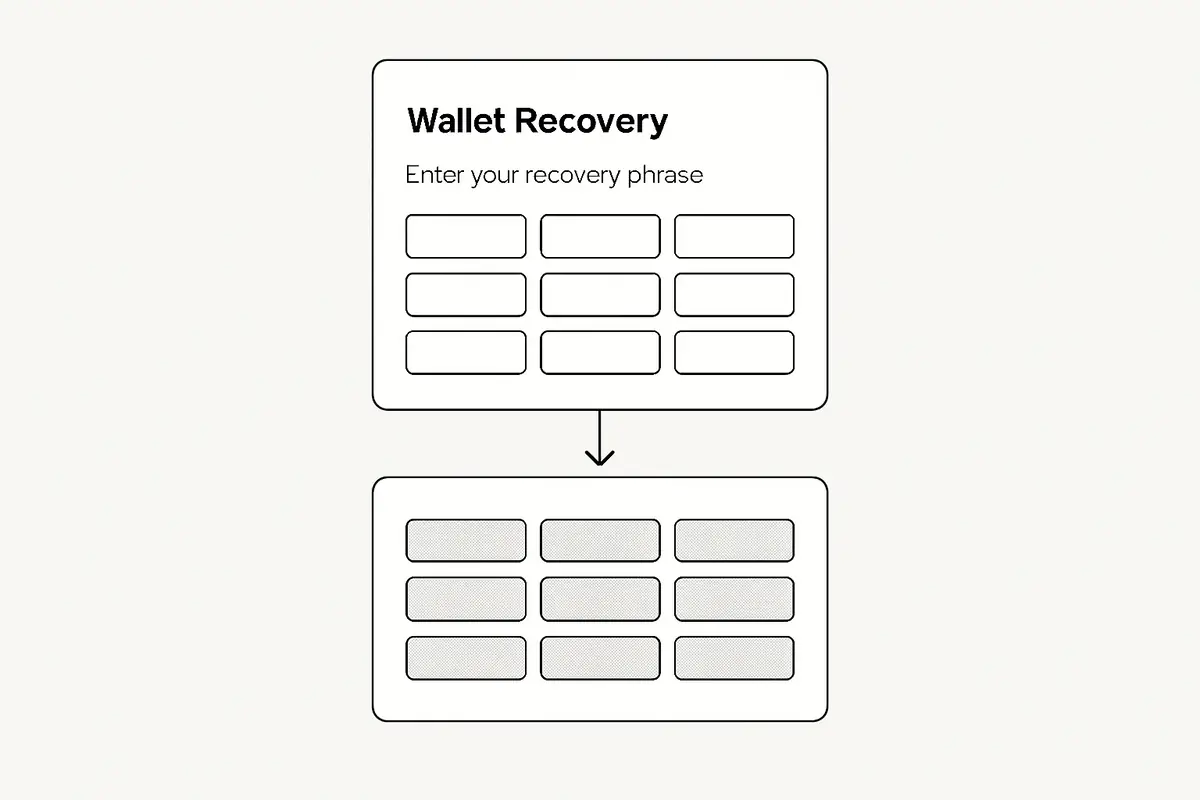 diagram of a fake wallet recovery page designed to capture seed phrases