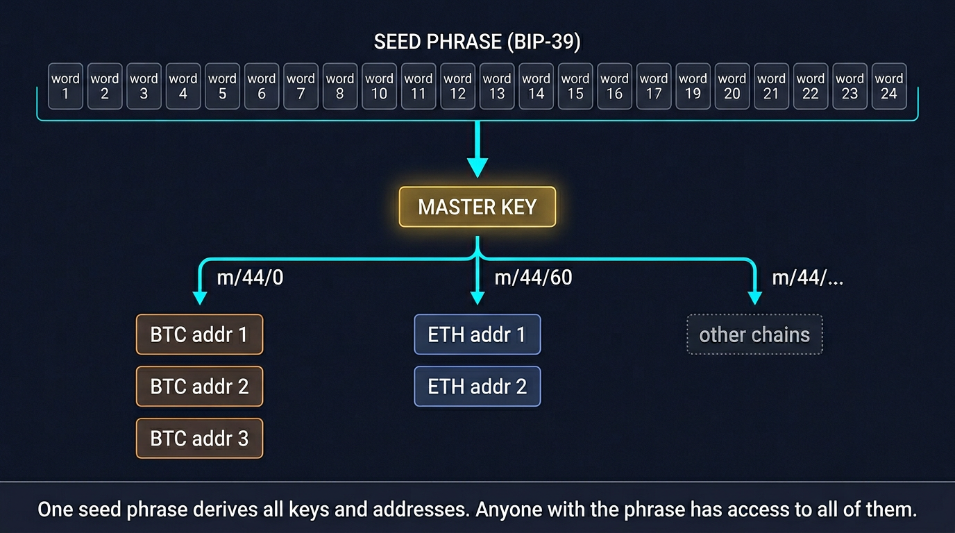 Diagram showing how a seed phrase generates entropy mapped to BIP-39 words, which derives a master key, which generates individual private keys and wallet addresses across multiple blockchains through HD derivation paths