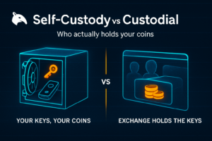 Editorial Snout0x hero comparing an open vault holding a hardware wallet and gold key on the left with a custodial exchange dashboard where faceless user silhouettes stand behind glass on the right, separated by a gold vs divider.