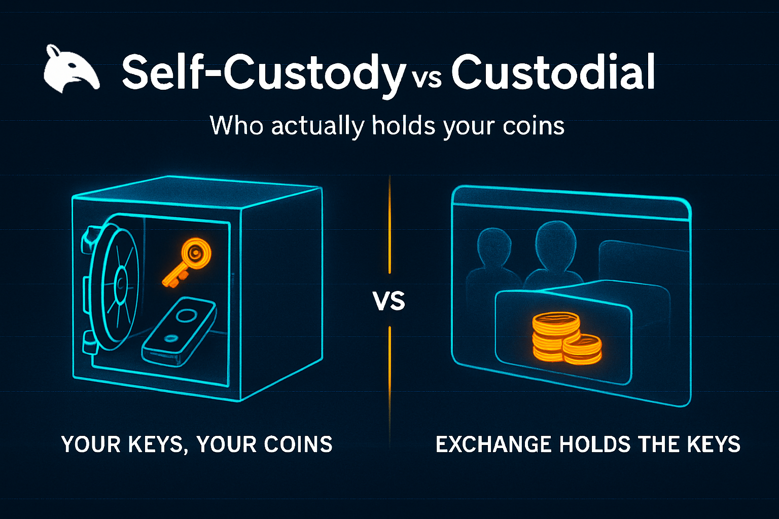 Editorial Snout0x hero comparing an open vault holding a hardware wallet and gold key on the left with a custodial exchange dashboard where faceless user silhouettes stand behind glass on the right, separated by a gold vs divider.
