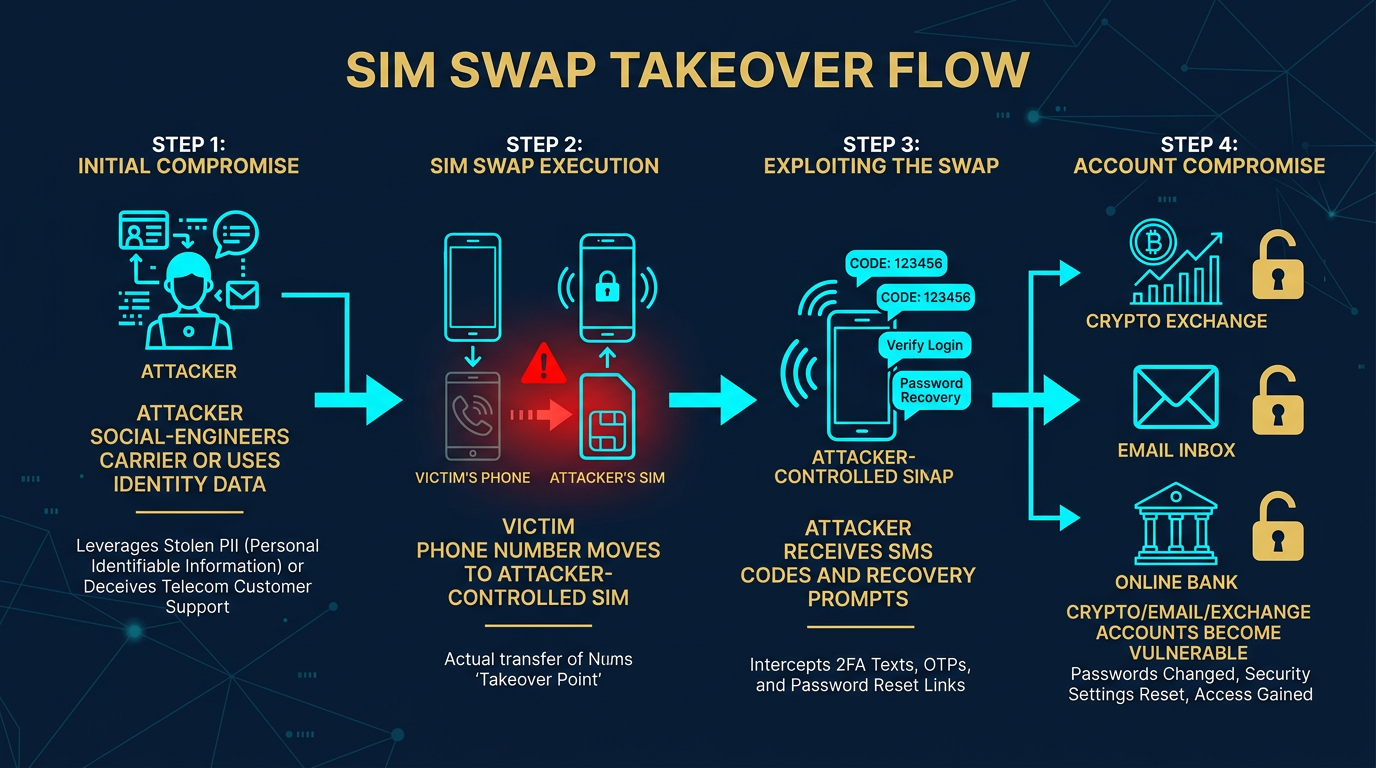 diagram showing a SIM swap attack flow from carrier account takeover to stolen SMS login codes and exchange or email account recovery