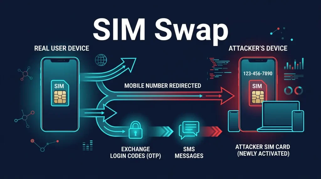 editorial graphic showing a phone number hijacked to an attacker device in a SIM swap attack