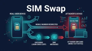 editorial graphic showing a phone number hijacked to an attacker device in a SIM swap attack