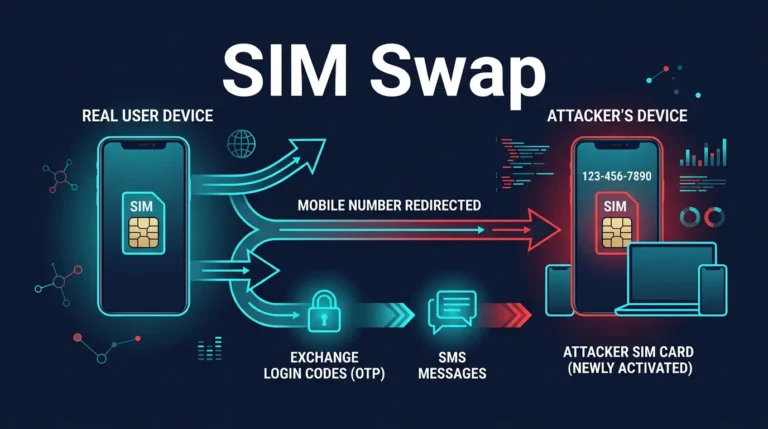 editorial graphic showing a phone number hijacked to an attacker device in a SIM swap attack
