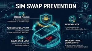 editorial graphic showing layered defenses for SIM swap prevention in crypto accounts