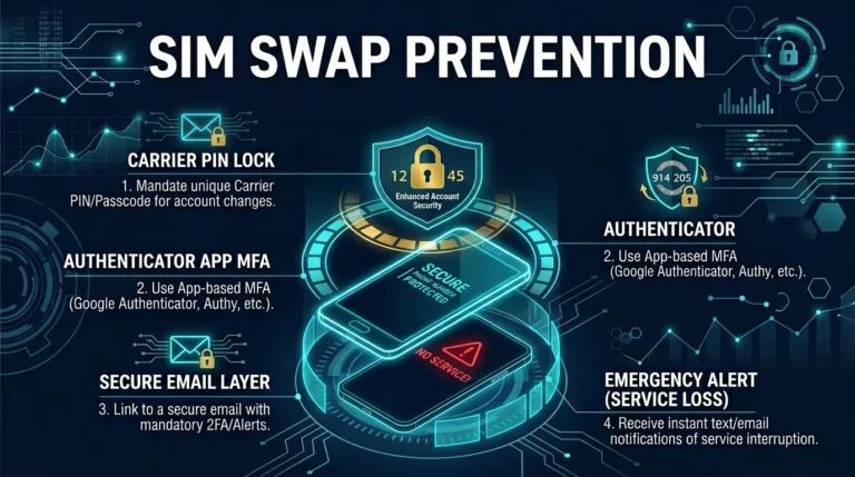 editorial graphic showing layered defenses for SIM swap prevention in crypto accounts