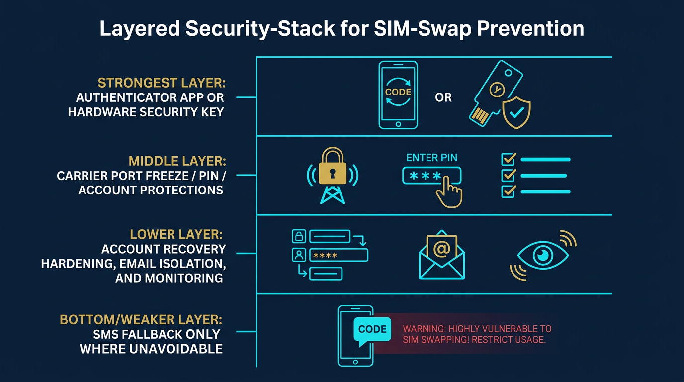 diagram showing a SIM swap prevention stack with authenticator apps or security keys first, hardened email second, and carrier PIN or port-out lock third