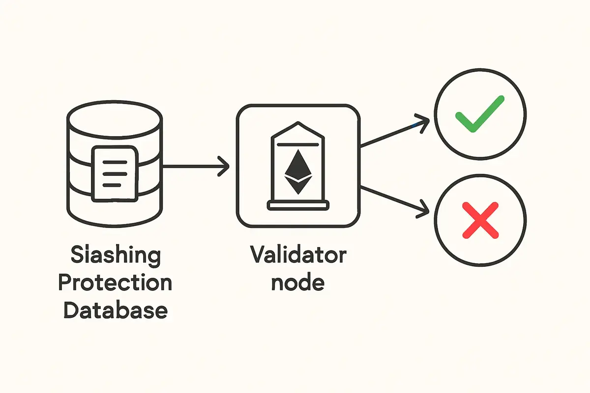 diagram showing slashing protection database preventing double signing on a validator node